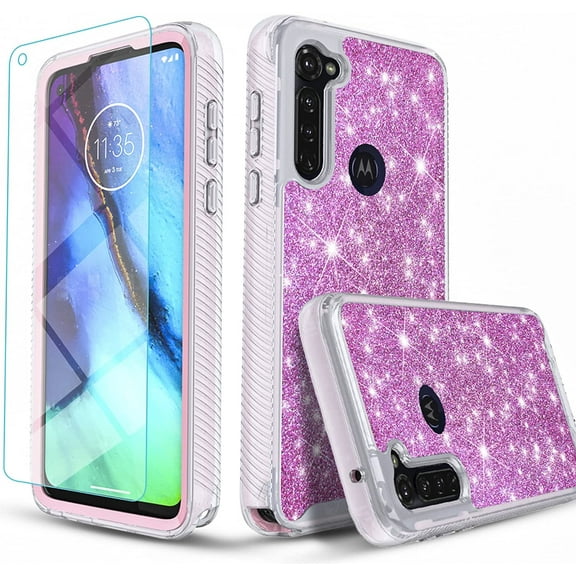 Motorola Moto G Power Case [Not Fit Moto G Power 2021] with [Tempered Glass Screen Protector Included], Military Grade 12 Feet Drop Proof Phone Cover With Glitter Spot Diamond-Pink