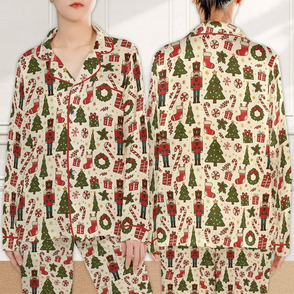 Lotusprinthandmade Cute Christmas All-over Print Satin Pajamas Set (S), holiday pajamas for women, cute christmas sleepwear