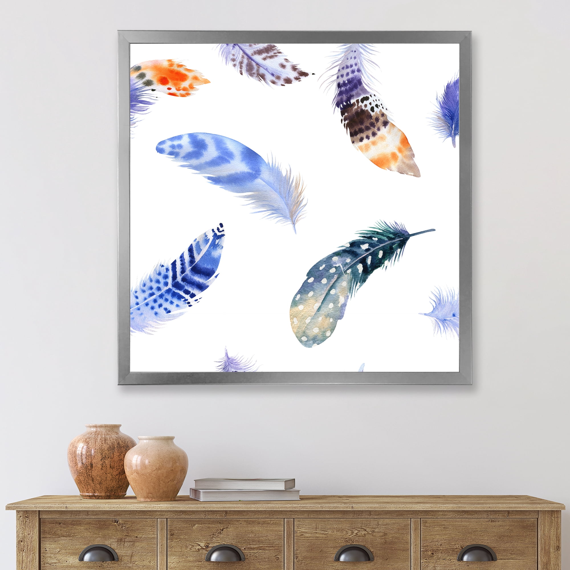 Designart 'Colourful Boho Feather Set On White VII' Bohemian & Eclectic Framed Art Print