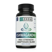 Zhou Nutrition Ashwagandha, Natural Adaptogenic Supplement for Stress, Anxiety, Fatigue & Mood Support, Rhodiola, Holy Basil, Cordyceps, Reishi, 30 Servings, 60 Count