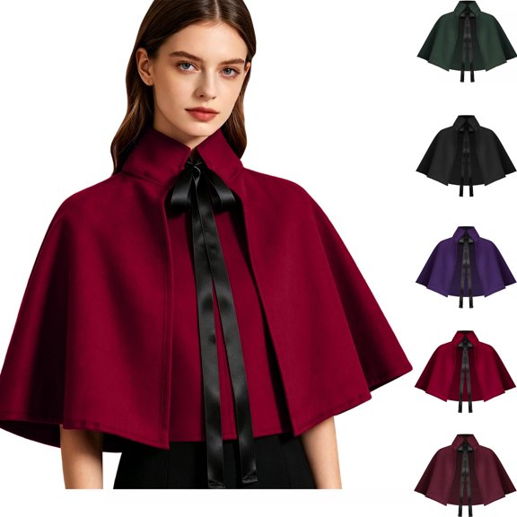 Teyfeniy Women Halloween Cape Stand Collar Satin Bow Short Cloak Elegant Warm Cover Up For Halloween Party Performance Photoshoot