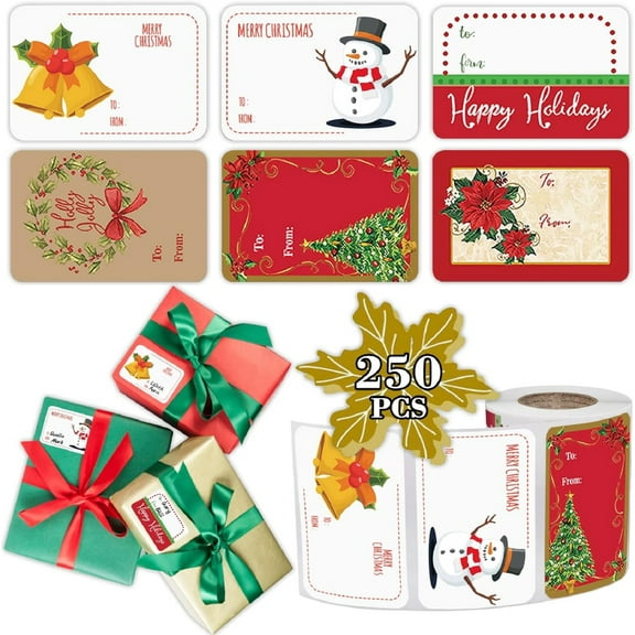 Yhmxh Christmas Gift Tag Stickers Tags Labels, 250 PCS Self Adhesive Christmas Name Tags Stickers for Christmas, Xmas Waterproof Decorative Labels for Christmas Card Gifts Christmas Party Decor