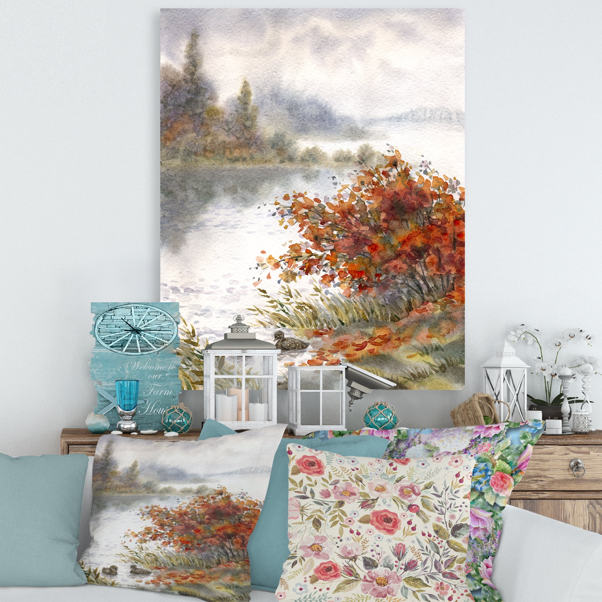 Designart ' View Of The Lake In Autumn Colored ' Traditional Canvas Wall Art Print