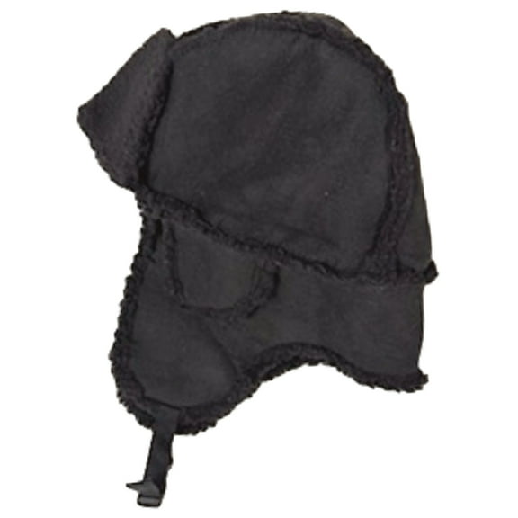 Womens Black Faux Suede & Sherpa Lined Trapper Hat with Buckle Chin Strap
