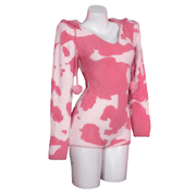 MOBBUNNY Women's Pink Milk Cow Pattern Fluffy Jumpsuit Cute Hooded Bodysuit for Homewear