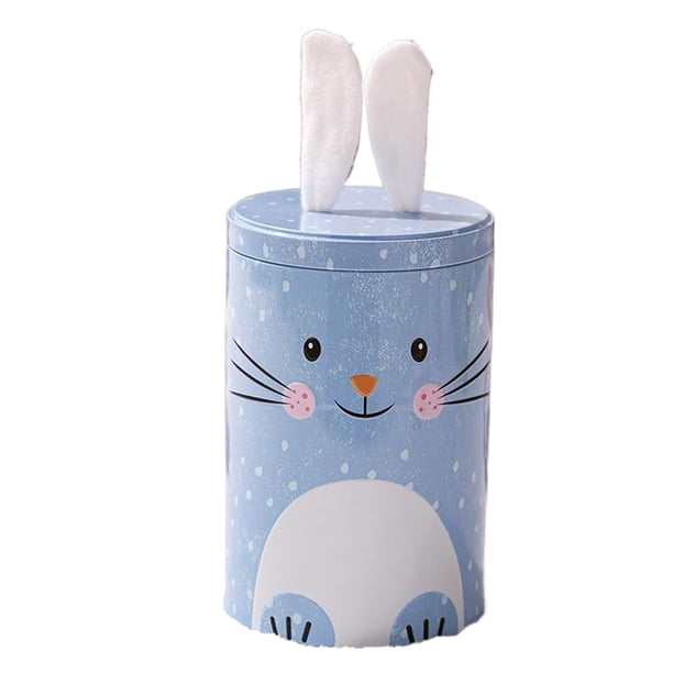 Cateissary Caja de hojalata con forma de conejito, estilo retro, para decoración de dulces, con orejas de conejo de peluche, caja de regalo para Almacenamiento y organización del hogar azul