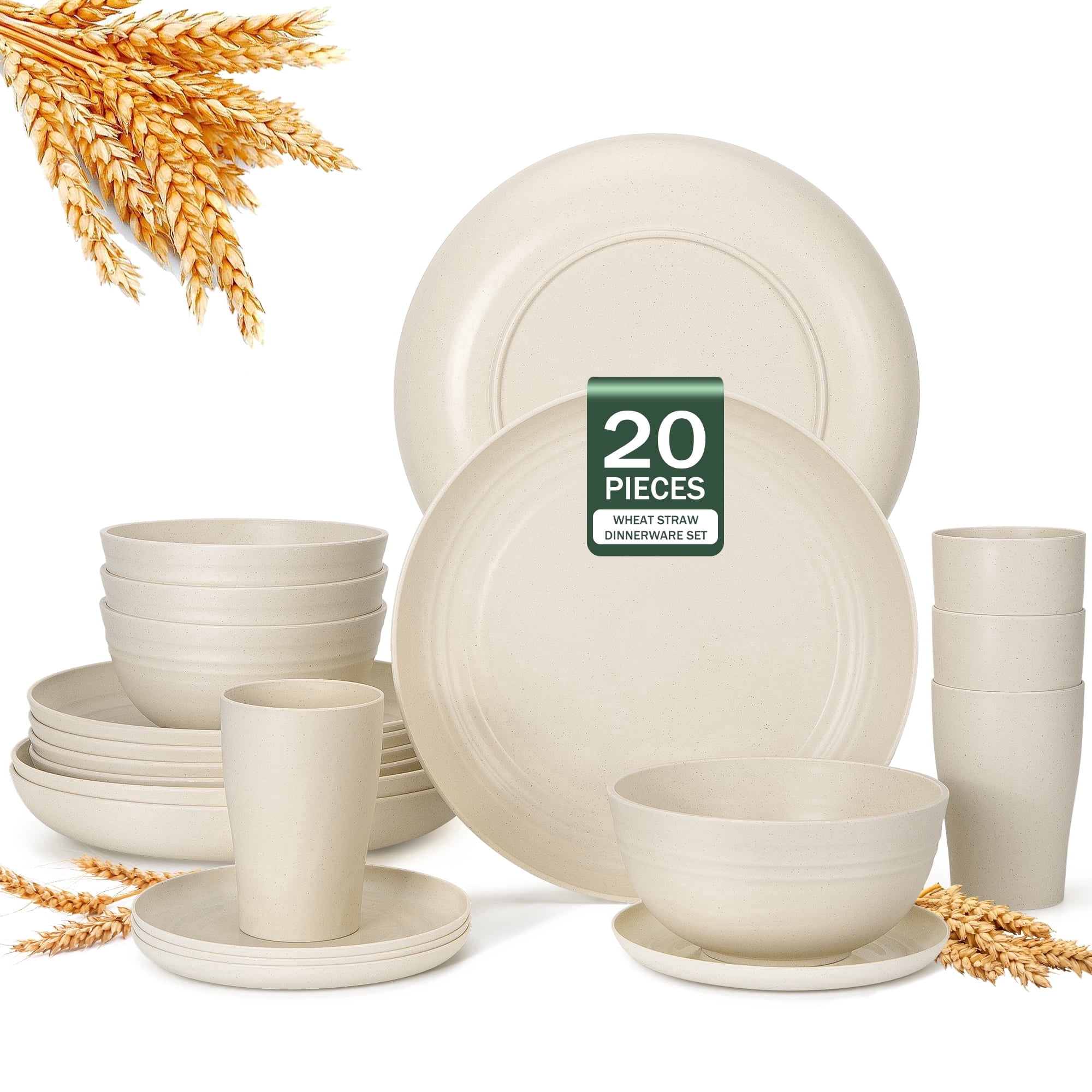 GPED 20-Piece Wheat Straw Dinnerware Sets for 4, Unbreakable Plates and Bowls Sets, Microwave & Dishwasher Safe Lightweight Dishes Set with 10"/9"/6" Plates, Cups & Bowls for Kitchen, Camping, Beige