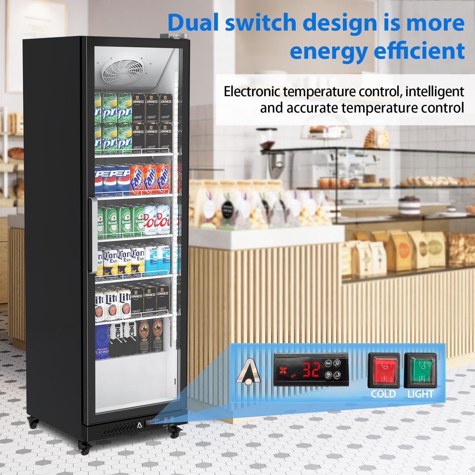 Danolapsi Commercial Refrigerator, Display Fridge Merchandiser Upright Beverage Cooler, Single Glass Door Fridge with Adjustable Shelves & Drink Organizers, 12.4 Cu. Ft. Black
