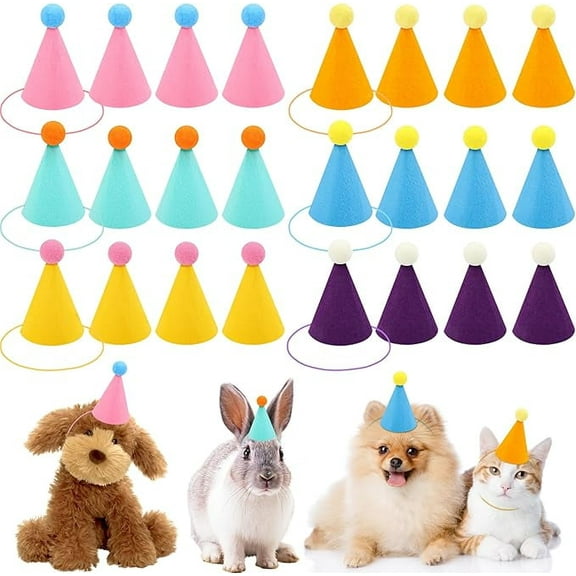 Mini Party Hats for Stuffed Animals, Birthday Party Cone Hats Dog Cat Dolls Rabbit Puppies Assorted Animal Birthday Decorations (24 Pcs)