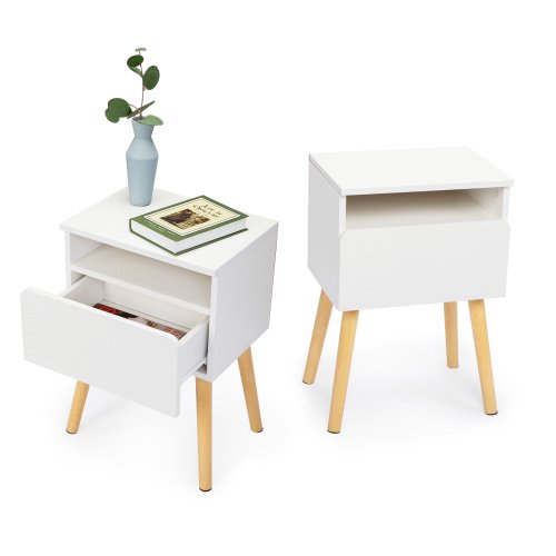 Nmkwnr 2 Pcs Bedside Table with Drawers and Shelf, White