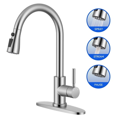 Brushed Nickel Single Handle Pull Down Kitchen Faucet - High Arc Stainless Steel Faucet with 3-Way Sprayer for Kitchen/Laundry/RV/Bar