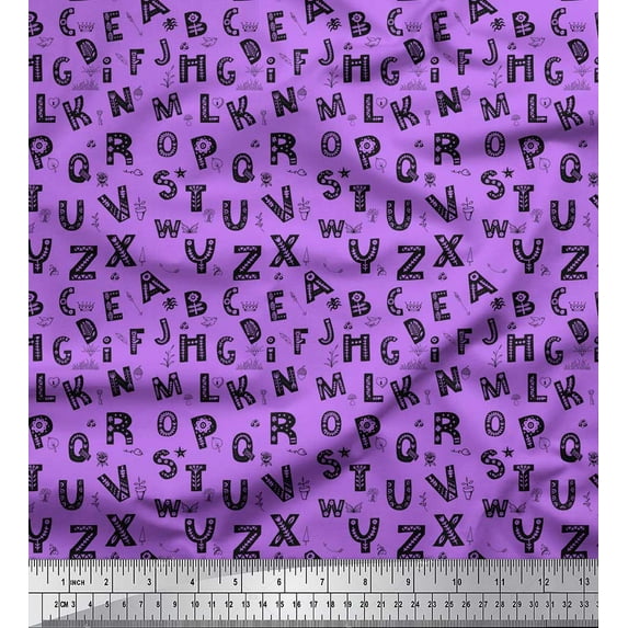 Soimoi Purple Silk Fabric Alphabet Text Decor Fabric Printed Yard 44 Inch Wide