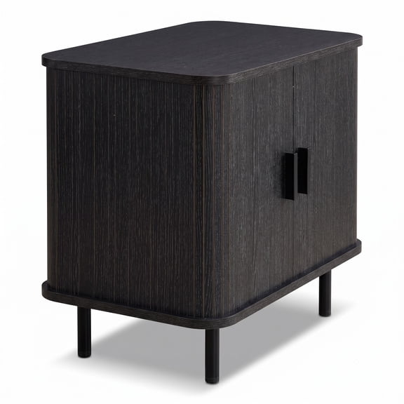 Furnibear End Table Modern Mid Century Nightstand with Sliding Tambour Doors and Storage Shelf for Bedroom Living Room, Black