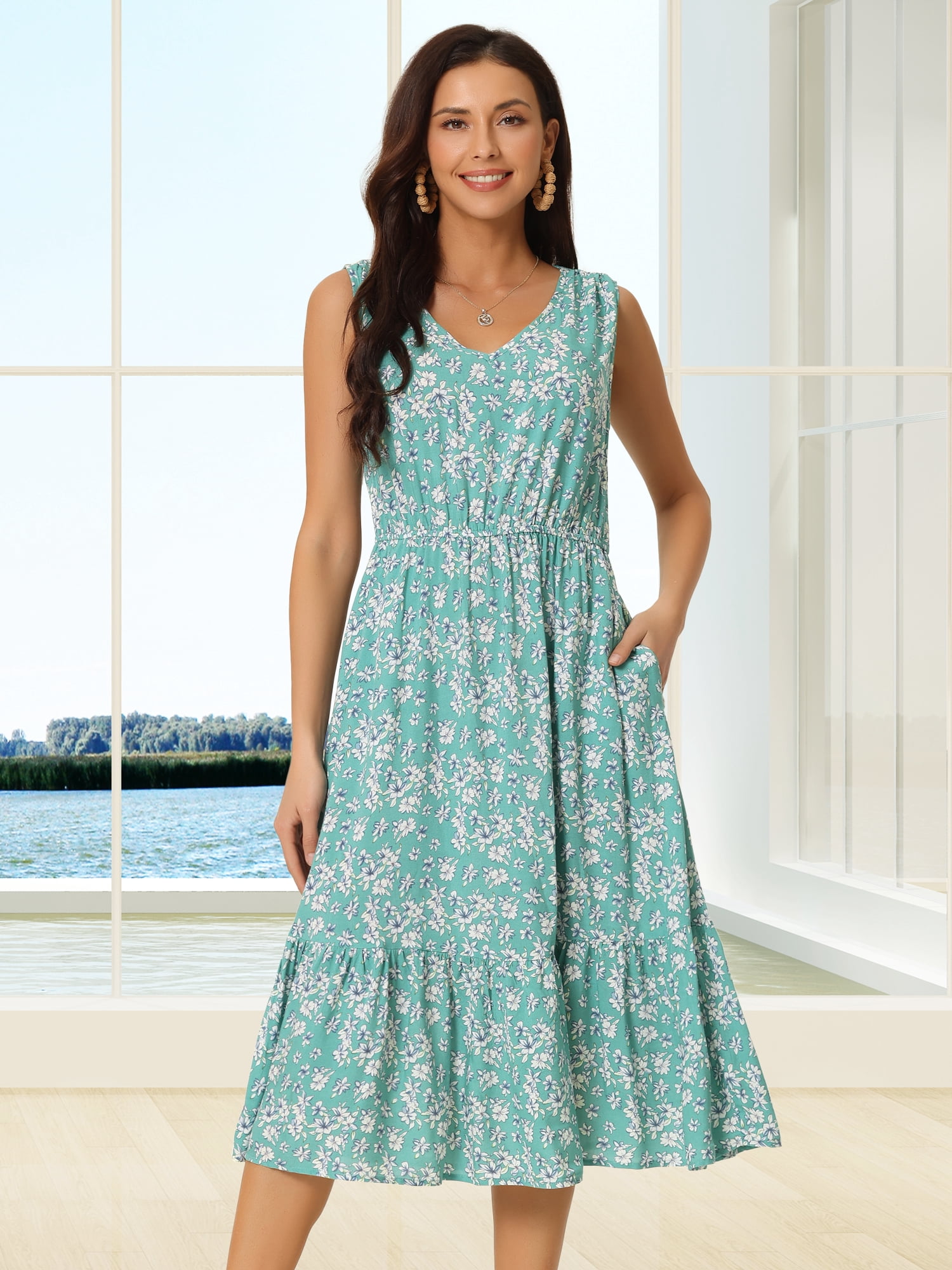 DARING DIVA Summer V Neck Sleeveless Flowy Midi Dress M Green