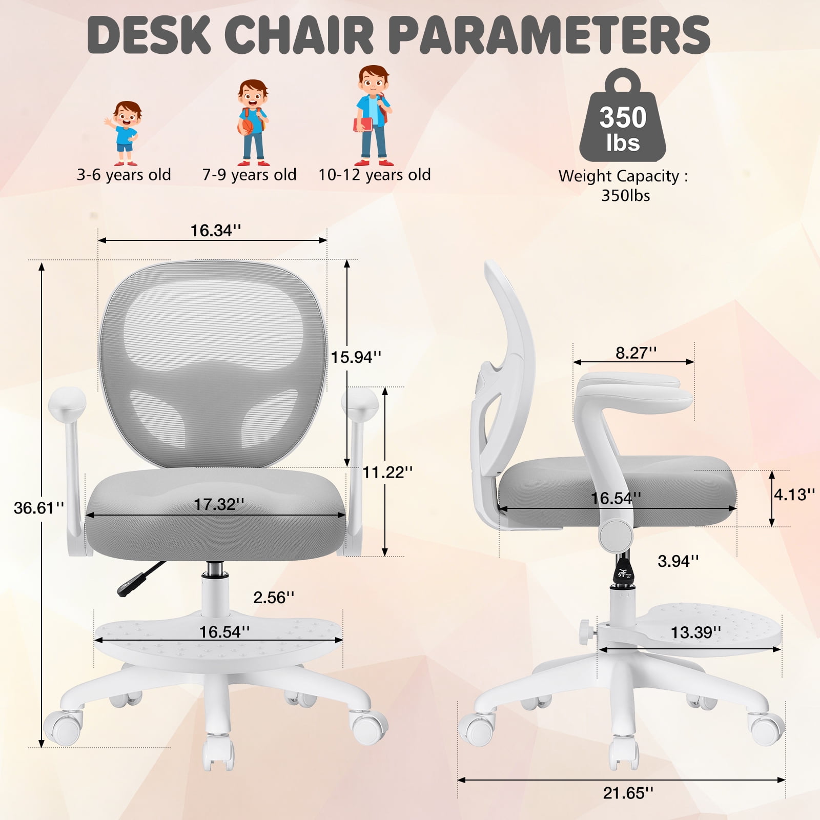 Hoffree Kids Desk Chair with Flipped Arms Wheels Ergonomic Study Chair with Footrest Adjustable Height Rolling Desk Chair for Teens Boys Girls in Study Room Grey