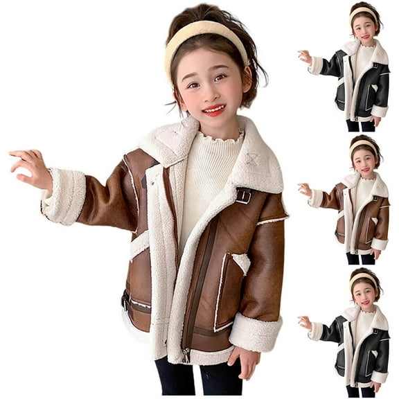 MKOSPLRT Girls Faux Shearing Jacket Warm Faux Suede Fleece Lined Winter Coat Thicken Button Parka Coat Sherpa Outwear with Pokcet 2-10Y