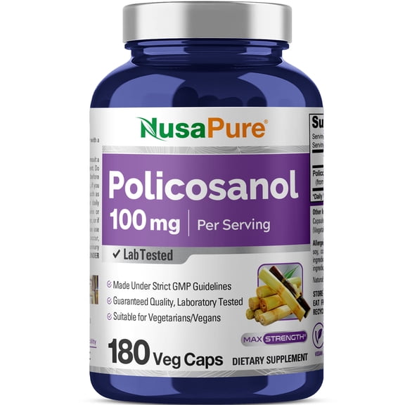 NusaPure Policosanol 100mg Elevate Well-being with 180 Vegan Capsules,  Non-GMO & Gluten-Free, Dietary Supplement for Adult Health & Wellness