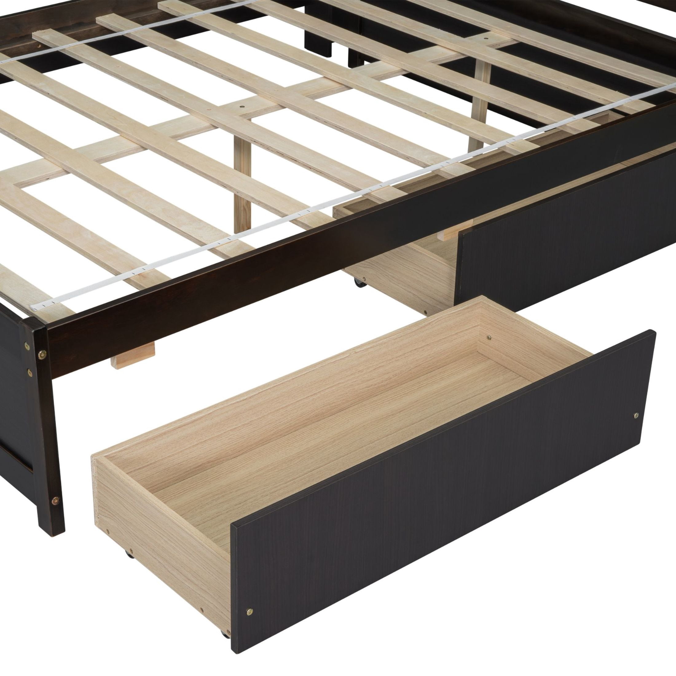 Noble House Full L-Shaped Bookcase Bed, Pine Wood Frame with Power Outlets, Storage Drawers & Headboard Shelves, Espresso