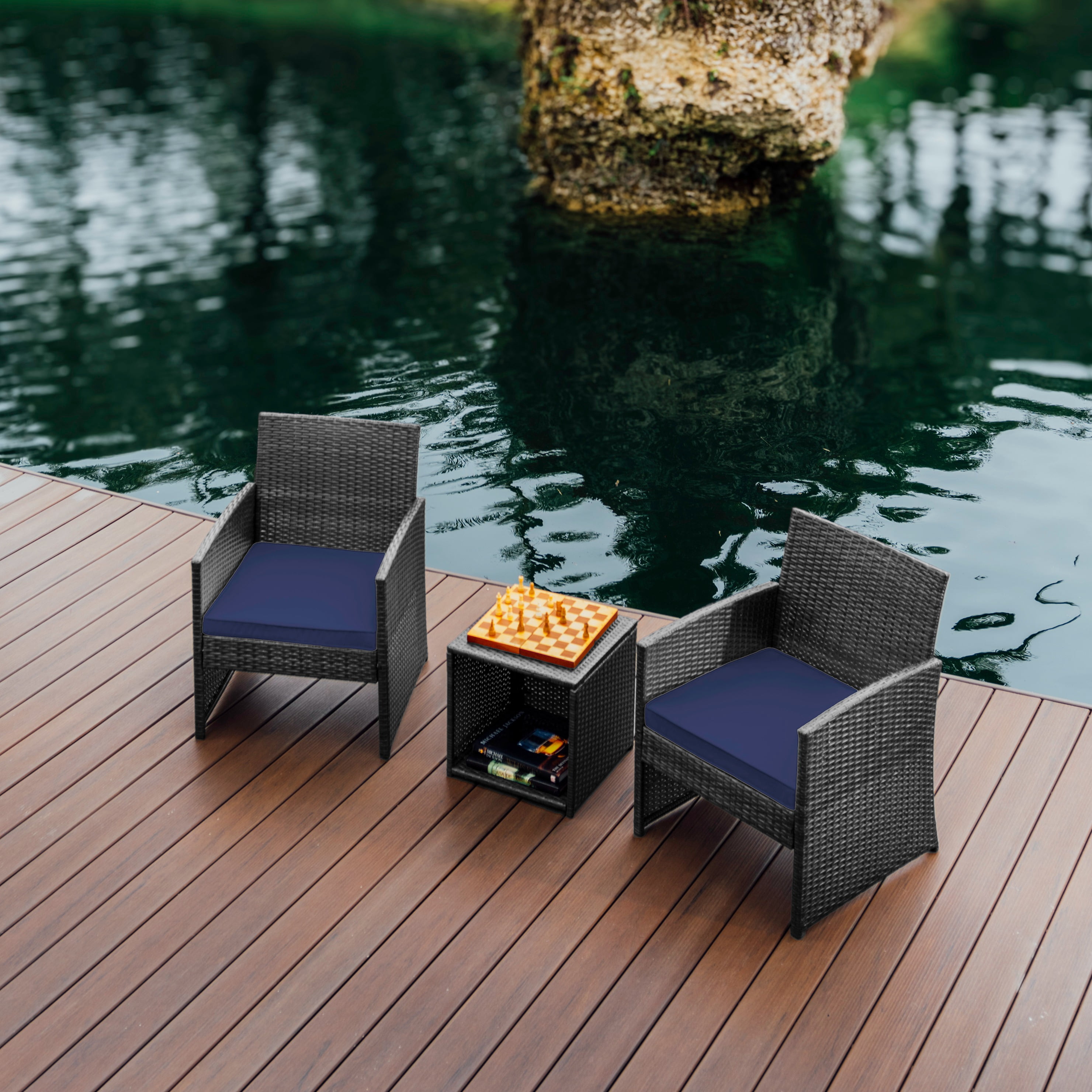 Hearth & Harbor Outdoor Patio Furniture Bistro Set, Wicker 3 Piece Patio Set, Gray with Navy Cushions