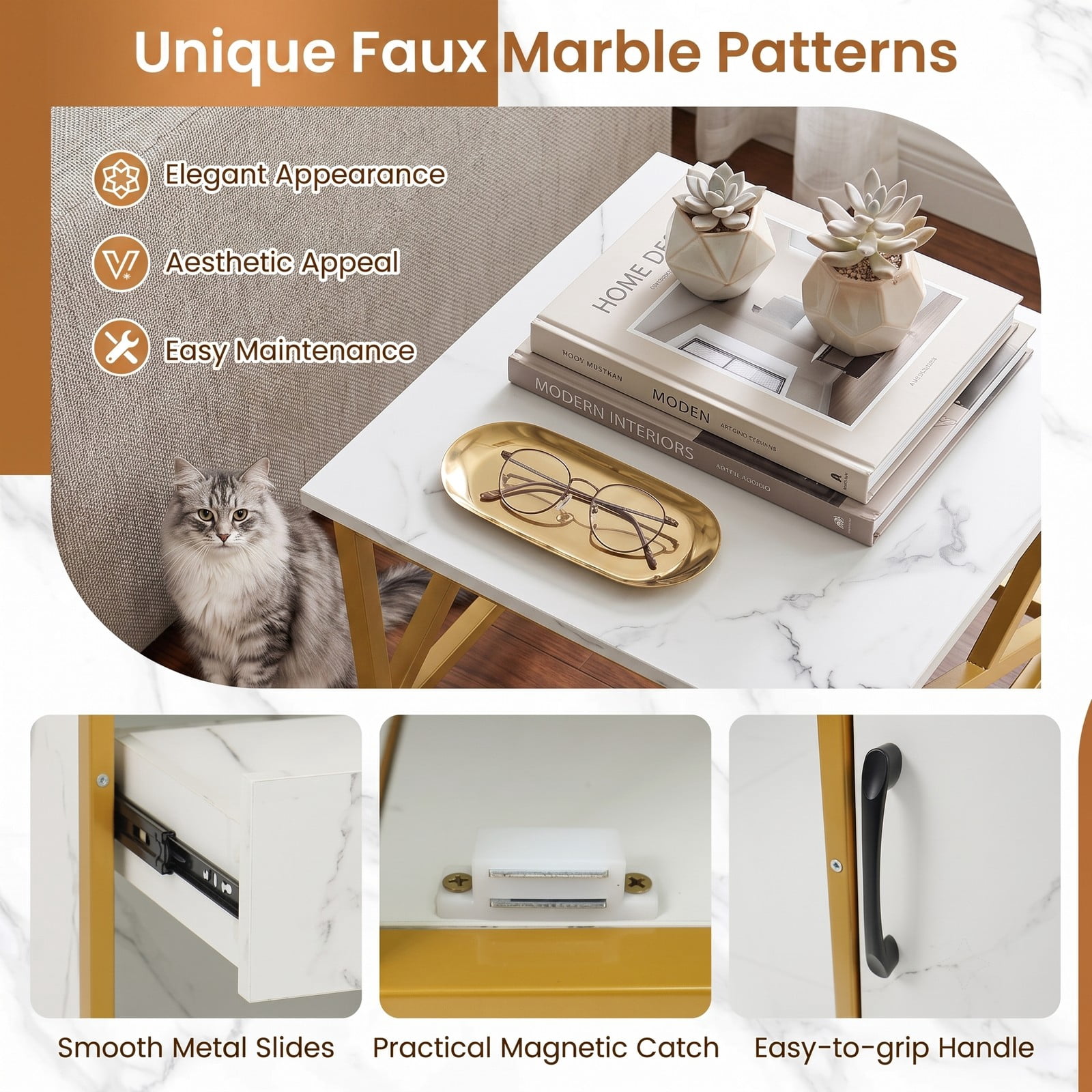 ALPULON Bathroom Storage Cabinet with Drawer, Freestanding Floor Cabinet with Single Door and Open Shelf, Faux Marble Storage Organizer with Golden Metal Frame, White