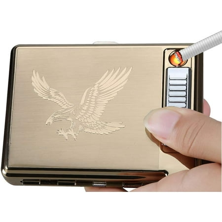 Moonwbak Cigarette Case Lighter, Metal Full Pack 20 Regular Cigarettes Box Holder USB Rechargeable Cigar Lighter Flameless Windproof with USB Cable Best for Birthday Gifts (Eagle)