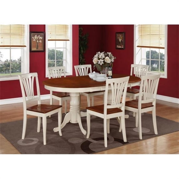 East West Furniture PLAV5-WHI-W 5-Piece Plainville Table with Double Pedestal & 4 Avon Wood Seat Chairs in Buttermilk and Cherry Finish Finish