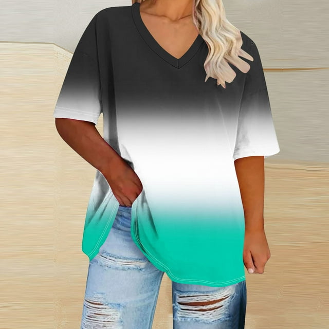 FcBaudy Hauts pour Femmes, Blouses & Chemises à Manches Courtes Col en V, Chemise de Base d'Été Surdimensionnée en Polyester pour Femmes