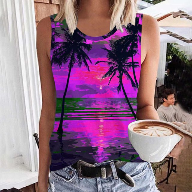 lSLJS Women Floral Printing Tank Round-Neck Sleeveless Block Tunic Tee Tops, Womens Tank Tops
