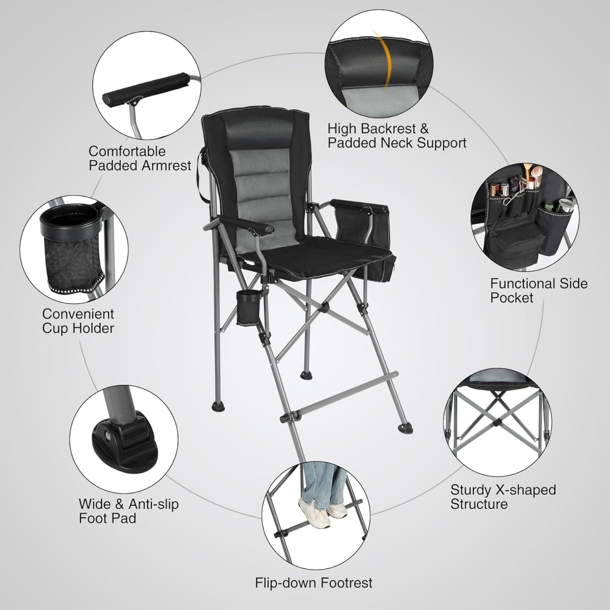 REDCAMP Extra Tall Folding Chairs for Adults 330lbs, Portable Bar Height Foldable Director Chairs for Camping Outside, Comfortable with Makeup Pocket, High Back and Footrest, Black