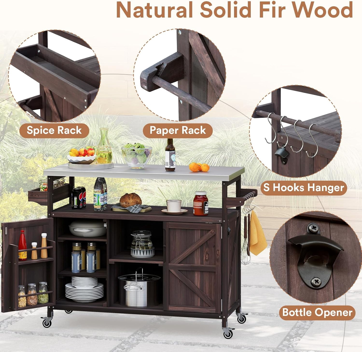ZIVACATE Outdoor Grill Cart With Storage Solid Wood Kitchen Island on Wheel Stainless Steel Tabletop