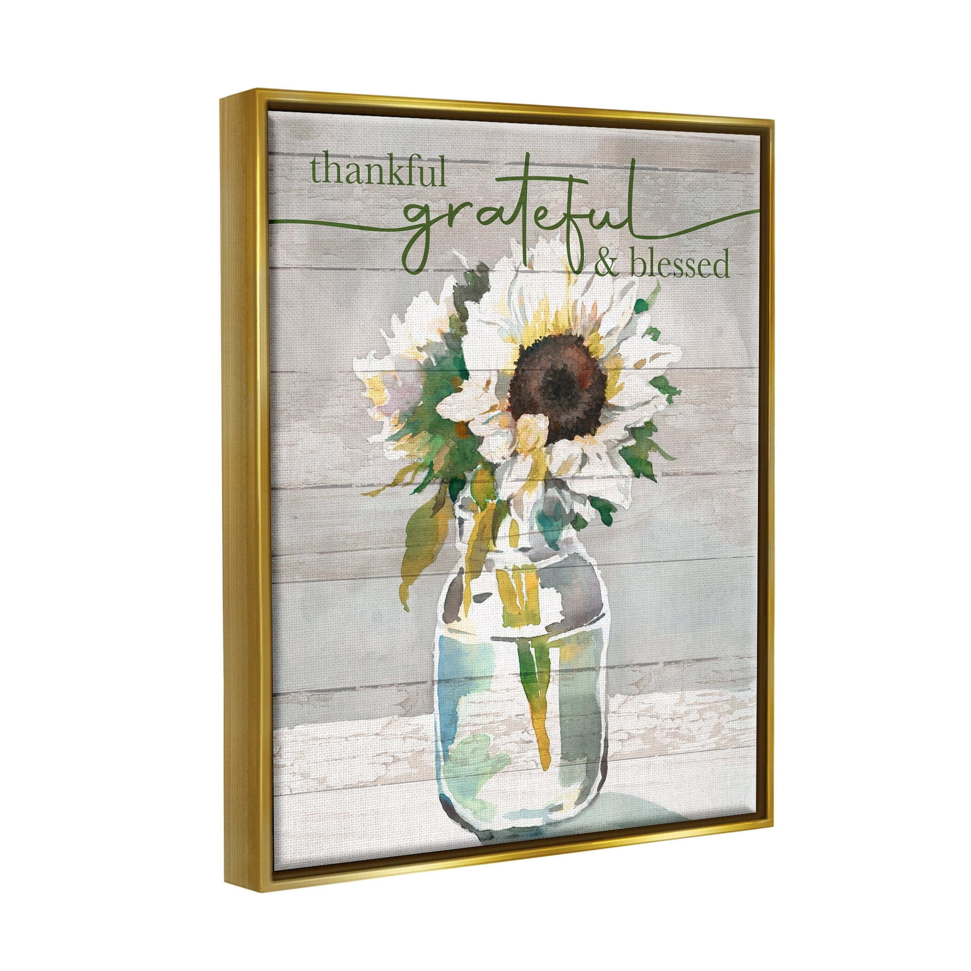 Stupell Industries Grateful & Blessed Layered Sunflower Country Planked Pattern Graphic Art Metallic Gold Floating Framed Canvas Print Wall Art, Design by Theresa Heidel