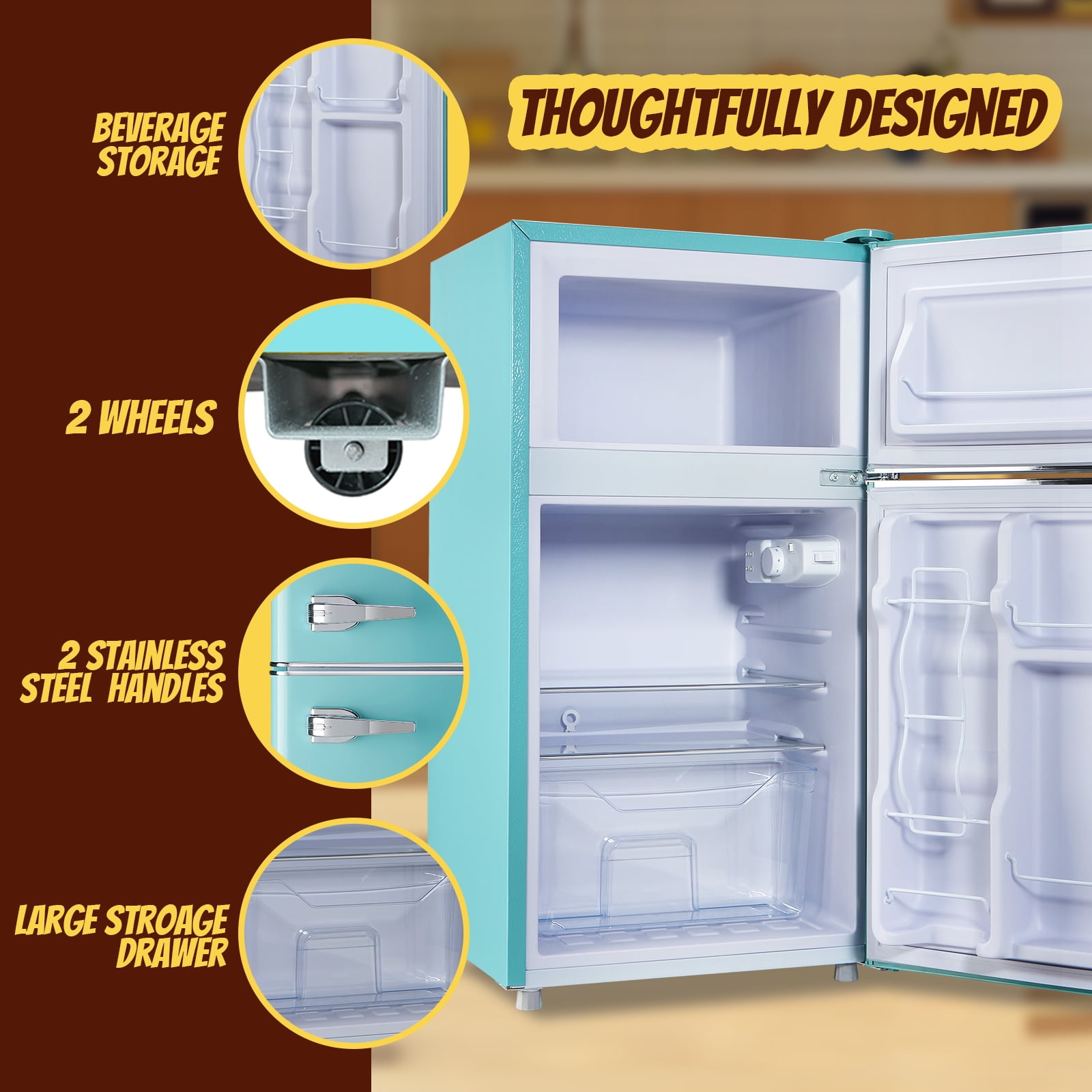 TACOOL Retro Mini Fridge with Handle Dual Door 3.5Cu.ft Samll Refrigerator with Freezer For Home Blue