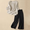 thumbnail image 2 of BLOCLOALO 2 Piece Lounge Set 3/4 Sleeve Tops Linen Cotton Set Casual Loose Fit Outfit with Top and Pants Breathable Comfortable Beach Embroidered Tops Floral Printted Tops Classy Lounge Sets Beige L, 2 of 8