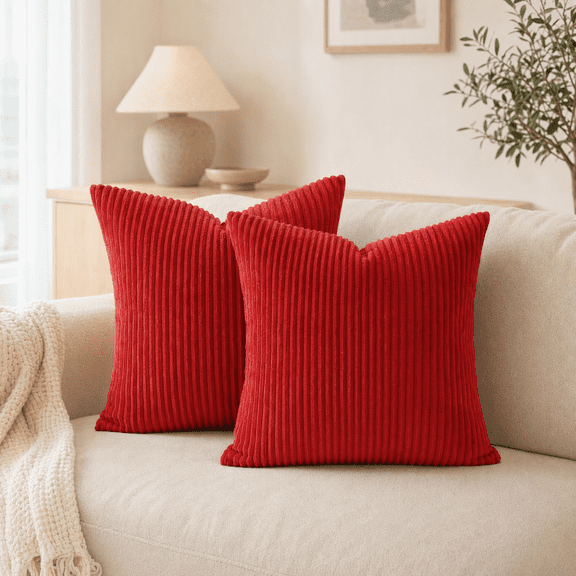 Throw Pillow Covers 18×18 2 Pack Striped Corduroy Decorative for Couch Living Room Bed Red