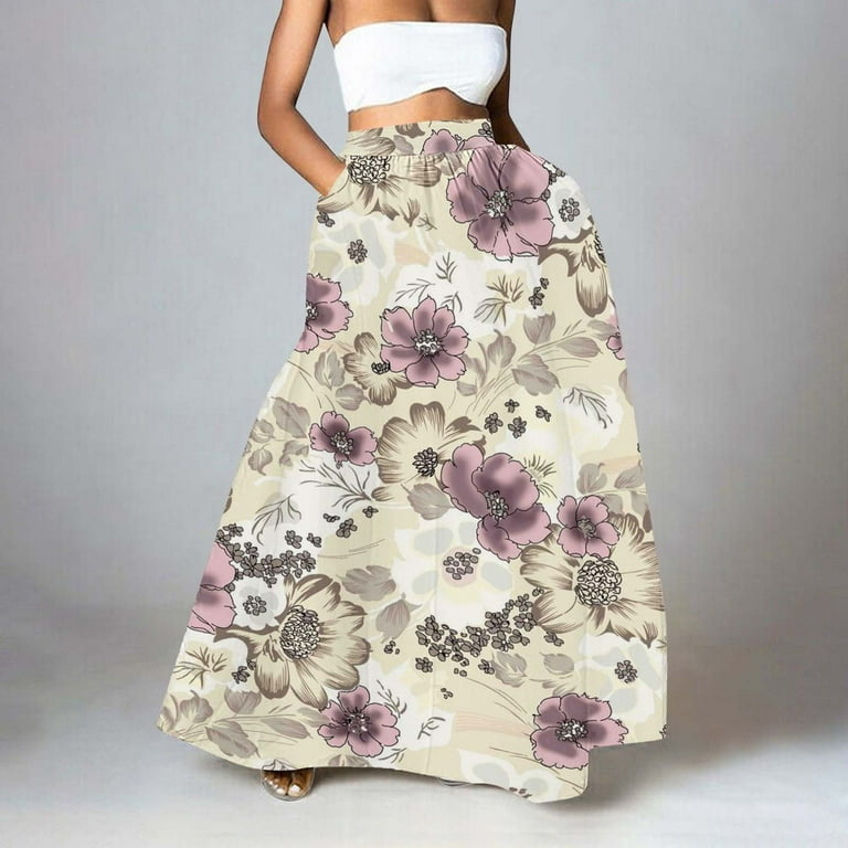 MEAGAOME Long Flowing Skirts for Women Faldas De Mujer Women Floral Print Skirt High Waist Party Beach Pocket Long Maxi Skirt Jumpsuit with Skirt 31Th