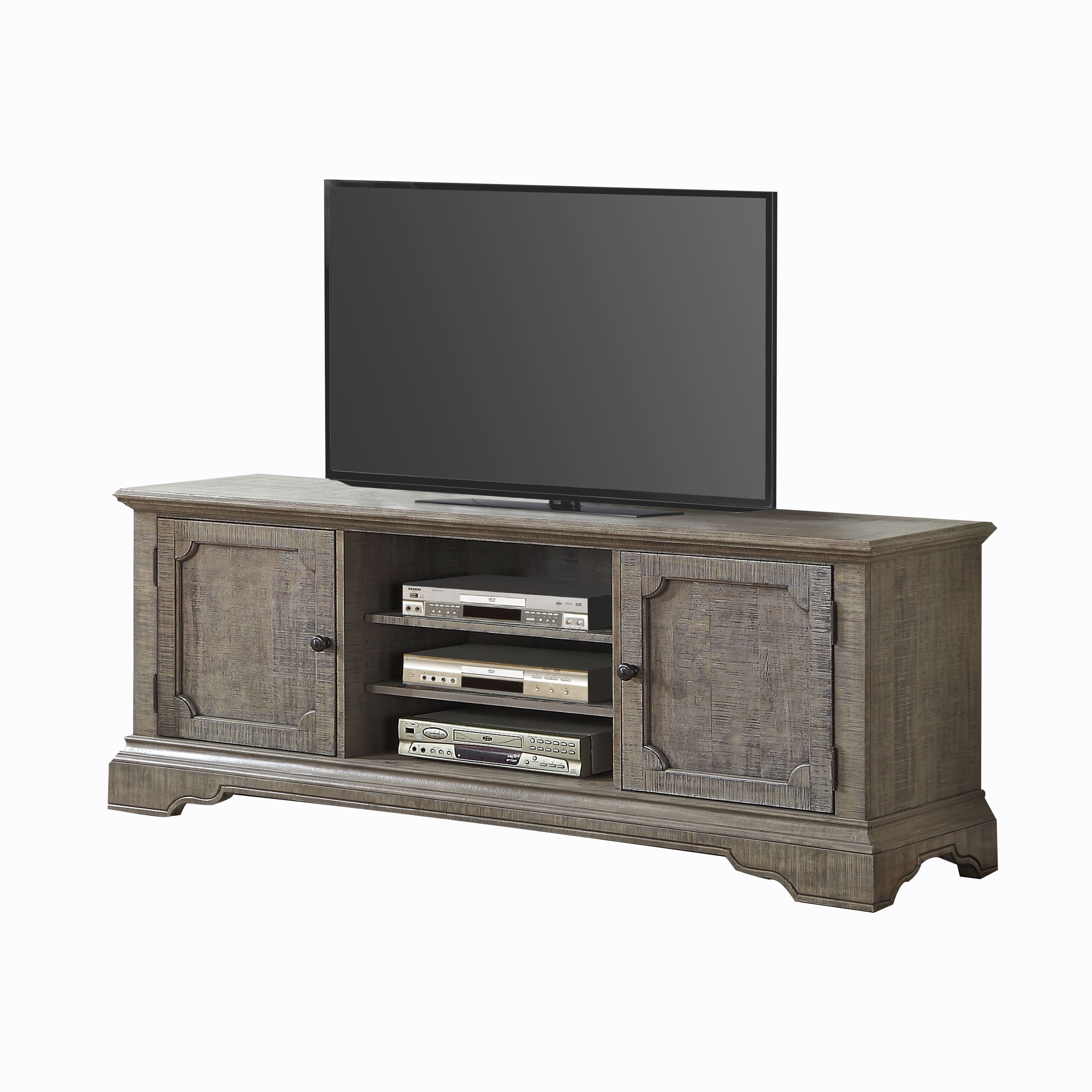 2 Door Wooden Entertainment Center with Bracket Feet and Open Shelves,Brown