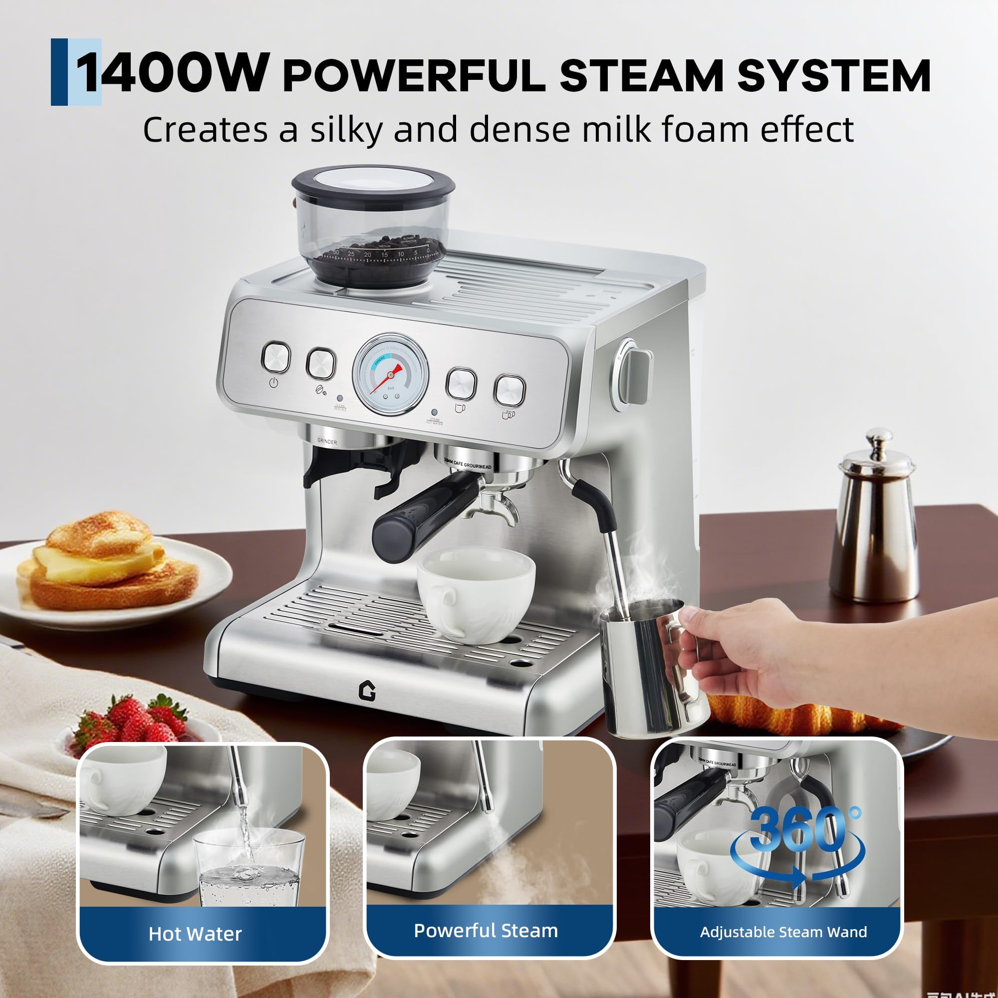 20 Bar Pressure Stainless Steel Espresso Machine with Grinder, Milk Frother Steam Wand for Latte/Cappuccino - Adjustable Shot Volume, Professional Home/Office Use