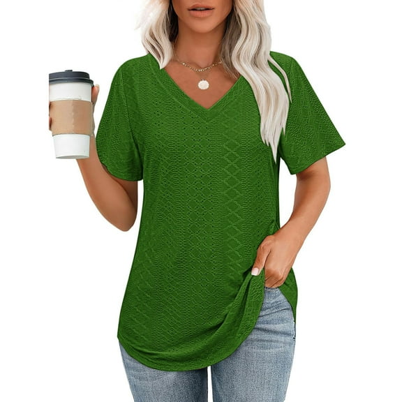 HOMBOM Women Tops Summer Green Tunic V Neck Solid Hollow Out Short Sleeve Blouse S
