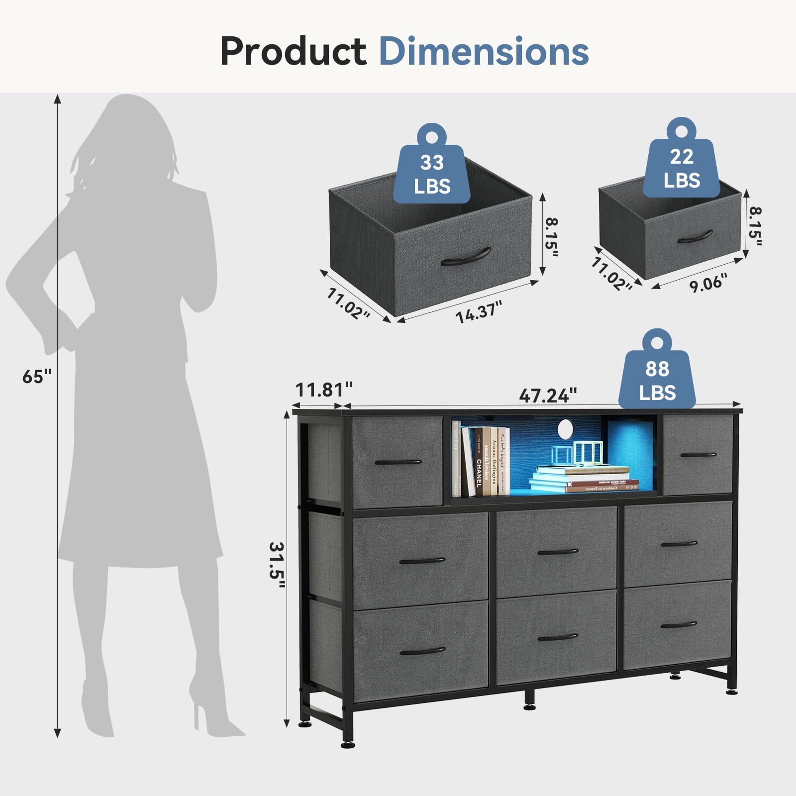CONCETTA 55 inch TV Stand Dresser, 8 Fabric Drawers Storage Organizer for Bedroom Living Room, LED & Charging Station, Gray