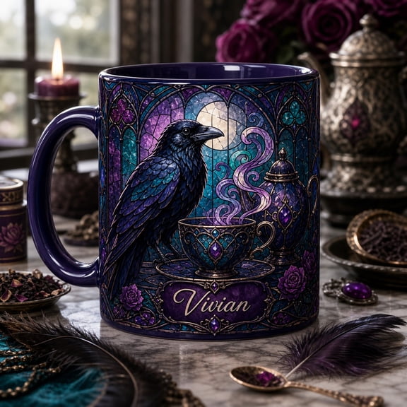 Accent Mug Raven Stained Glass Ceramic Coffee and Tea Cup for Gothic Tea Lovers