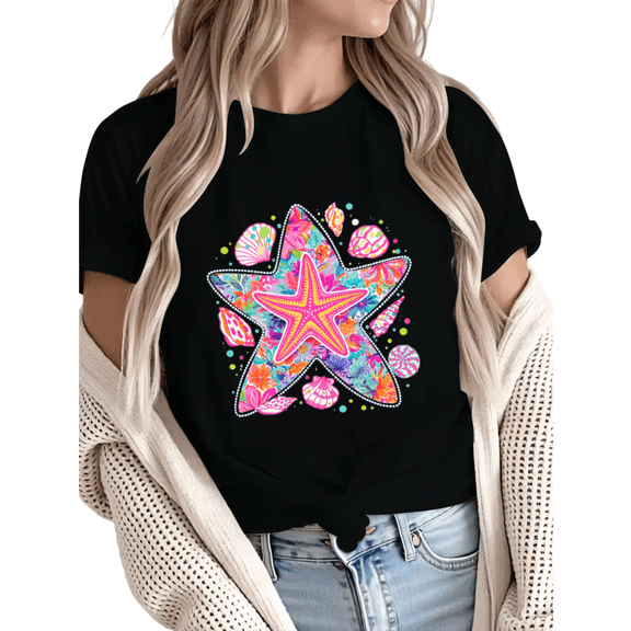 Giffimy Women's Tropical Floral Starfish Seashell Beaded Outline Summer Beach Graphic Short Sleeve T-Shirt Casual Cotton Crewneck Top