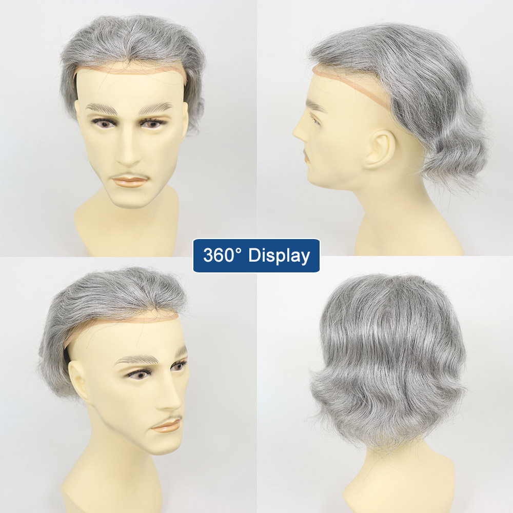 Toupee Men Mono Top with PU around and French Lace in Front Mens Toupee 20% 1B Black Color Mixed 80% Grey Hair Replacement System for Men