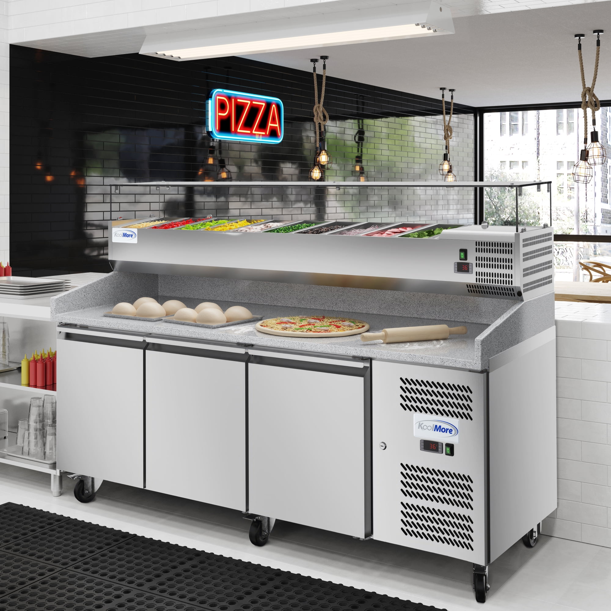 79 in. Three-Door Commercial Refrigerated Granite Top Pizza Prep Station With a Refrigerated Stainless-Steel Condiment Pan Holder (KM-RPCPS-2D79-GRT)