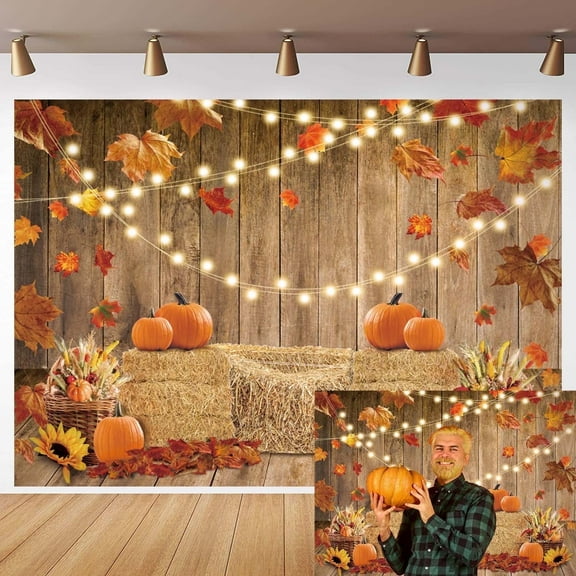 7x5FT Fall Backdrop Fall Photo Backdrop Thanksgiving Backdrop Fall Pumpkin Photography Backdrop Autumn Thanksgiving Harvest Hay Glitter Wooden Background