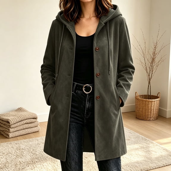 ZunFeo Women’s Hooded Suede Coat, Casual Drawstring Mid‑Length Button Down Fall Winter Trench Coat Jacket