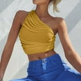 thumbnail image 2 of Women's Summer One Shoulder Crop Tops Sleeveless Solid Color Ruched Tank Tops Vest Blouses for Beach, Holiday, 2 of 7