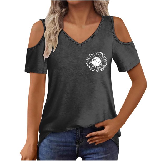 Algodón Fuera Del Hombro Tops para la Impresión de las Mujeres Manga Corta V-Cuello Blusa, Top de Algodón de Imitación de Moda