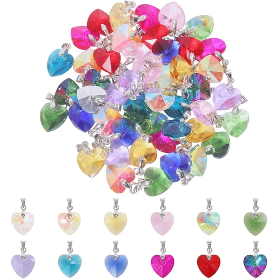 48Pcs Heart Glass Charms 12 Colors Faceted Heart Charms Crystal Heart Pendants Diy Necklaces Jewelry And Accessories for Valentine'S Day