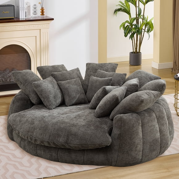 71" Oversized Round Chaise Lounge, Chenille Sofa Bed with Pillows,Cozy Cloud Like Lzay Chair for Living Room, Bedroom, Reading Nook