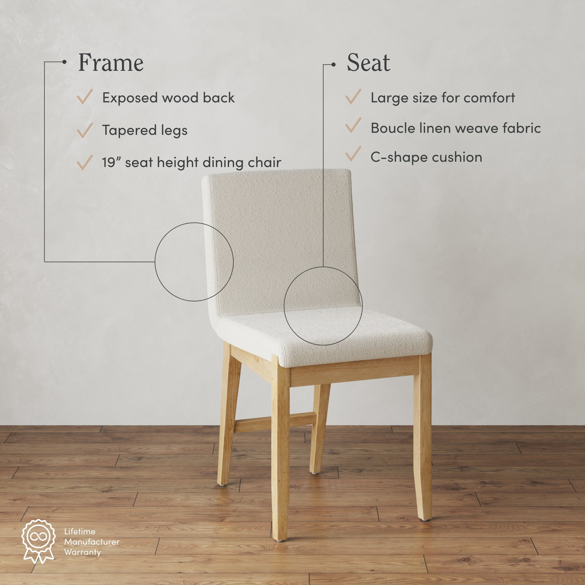Nathan James Gracie Modern Upholstered Dining Room Chair with Cushion, Boucle Dining Chair with Solid Wood Frame, Cream Boucle/Warm Pine